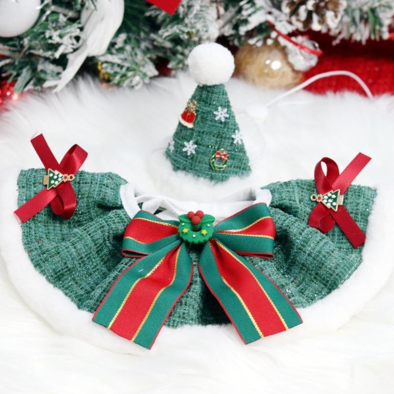 Christmas Pet Dog Collar Scarf Hat Plush Set Classic Style Hat Accessories for Small Dogs Cats Festival Decoration Winter Gift