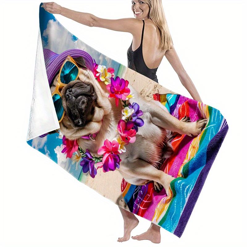 1pc Pug on Beach Towel Beach Towel Pug with Purple Straw Hat Yellow Fashion Glasses Flower Garland on Multicolor Towel by Ocean