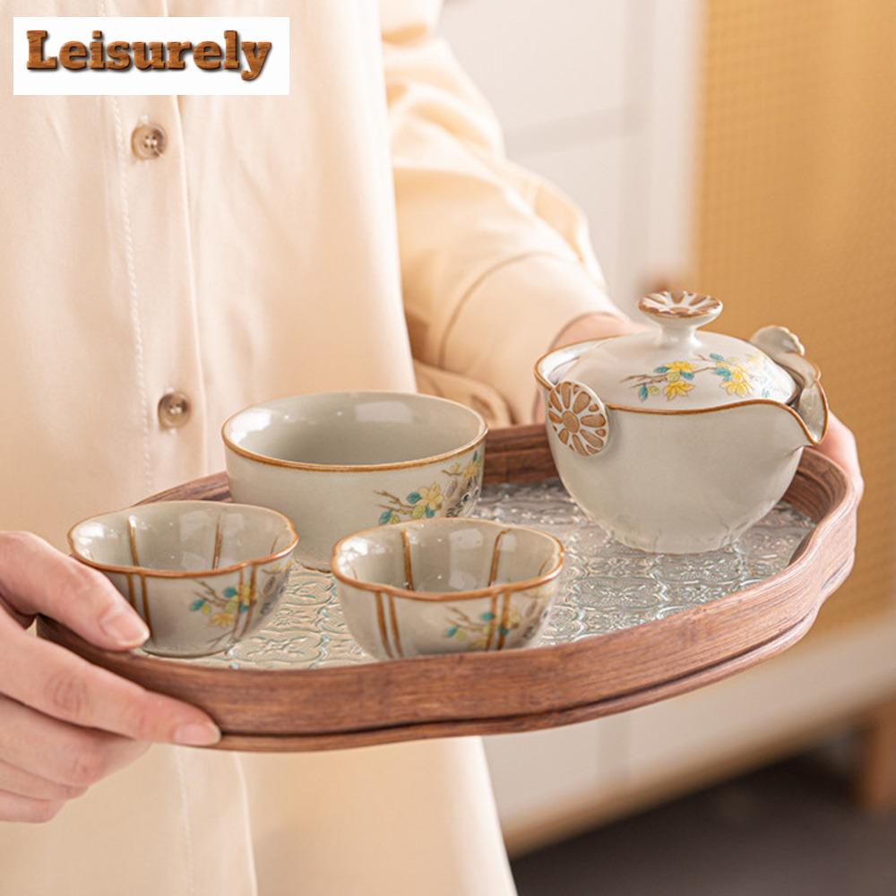 Imitation Song Ru Kiln Cat Ceramic Tea Set Kit Japanese 1 Pot 3 Cups Tea Maker Teaware Outdoor Portable Handbag Drinkware Craft