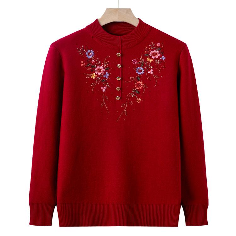 Women's Clothing, Autumn and Winter New Sweater Base Shirt, Grandma's Clothing, Integrated Velvet Sweater, Embroidered Fashionable Mother's Clothing
