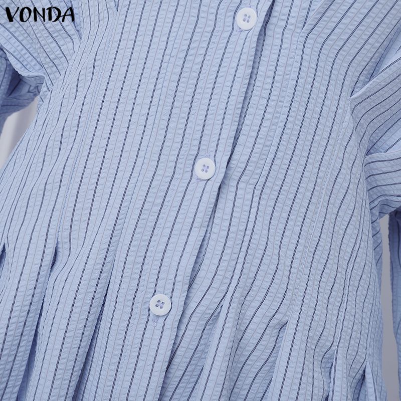 VONDA Womens Casual Lapel Neck Long Sleeve Ruffled Striped Print Loose Rumple Blouse Shirts