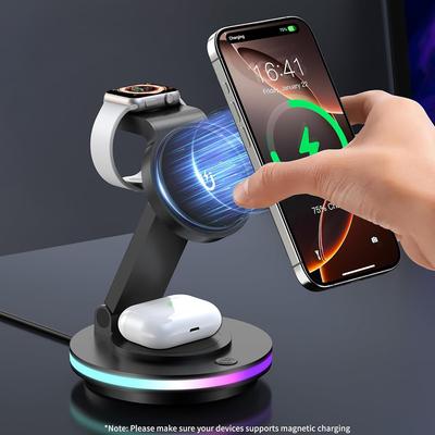 Magnetische kabellose Ladestation für iPhone 16 15 14, faltbar, drehbar, Lichteinstellung, 3-in-1, 15 W, schnelles Mag-Safe-Ladegerät