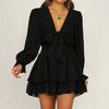 New European and American spring and autumn V-neck long-sleeved bubble-sleeved solid-color lace-up ruffle dress