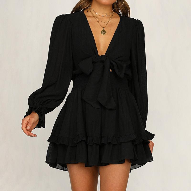 New European and American spring and autumn V-neck long-sleeved bubble-sleeved solid-color lace-up ruffle dress