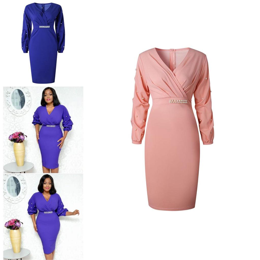 Elegant Women's Fashion Autumn And Winter Long Sleeved Pleated V-neck Bead Sexy Dress