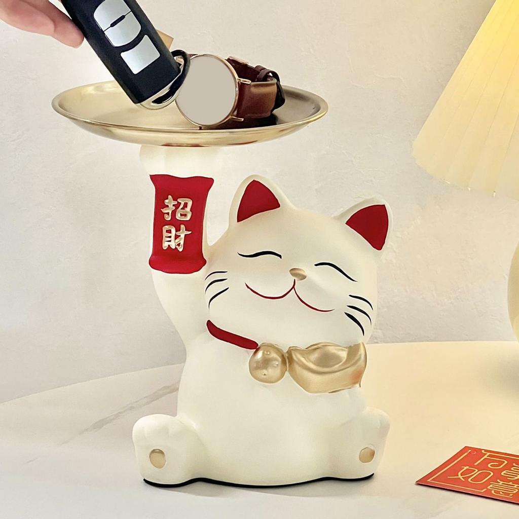 Lucky Cat Statue Jewelry Tray Cute Resin Cat Storage Tray Tabletop Organizer for Home Bookshelf Living Room Cabinet Bedroom