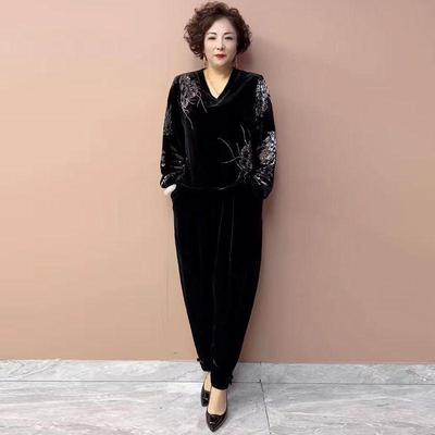 2-teiliger Hosenanzug Herbst Damen Stickerei Übergröße Samtbluse Hohe Taille Samt Harems Hose Zweiteiliges Set