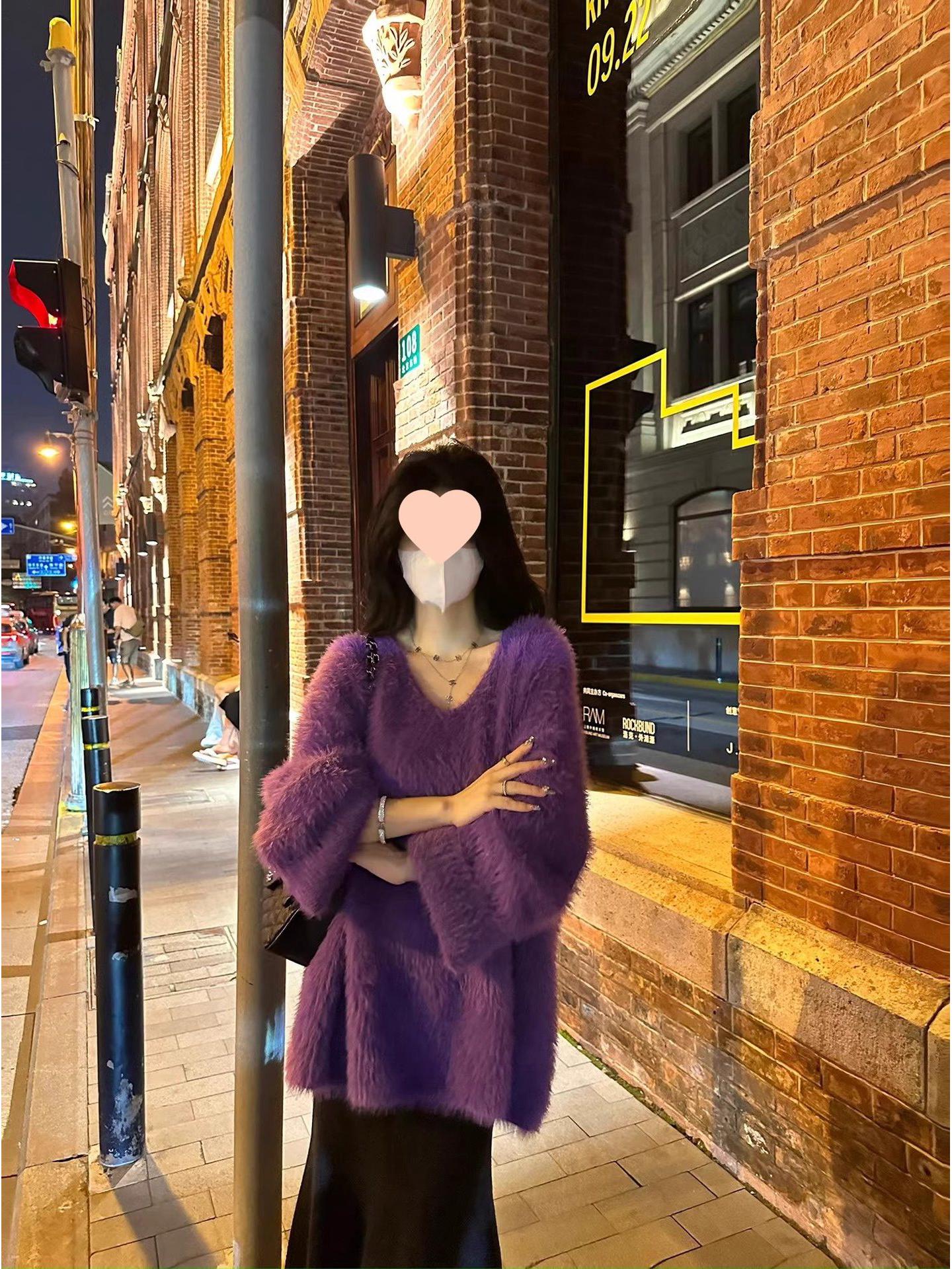 

Purple V-neck Loose Sweater Faux Mink Fur Coat, Women s French Chic & Korean Style for Autumn & Winter M (95-105 lbs)