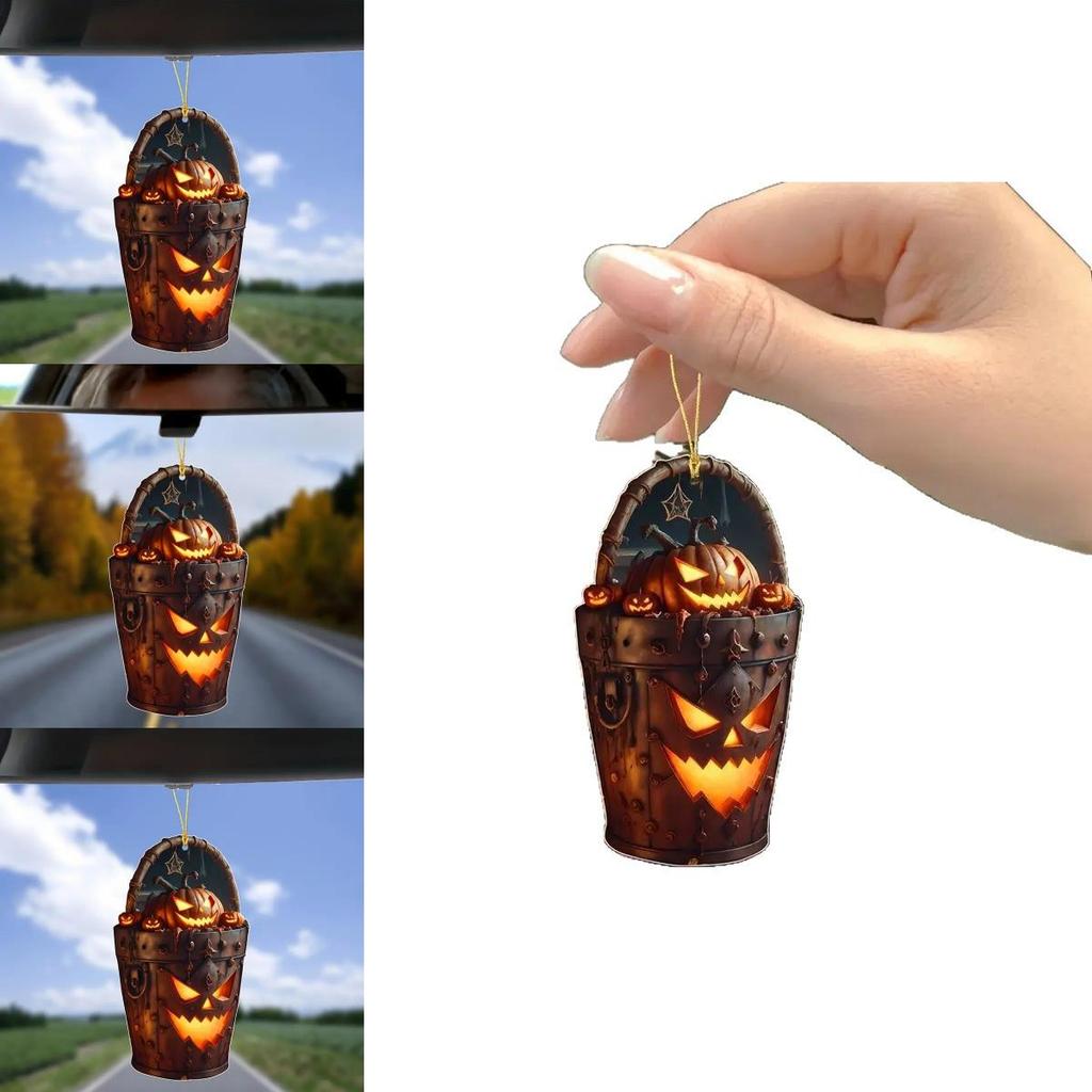 Acrylic Halloween Pumpkin Head Bucket Car Rearview Mirror Pendant With Cartoon Style For Vehicle Decor