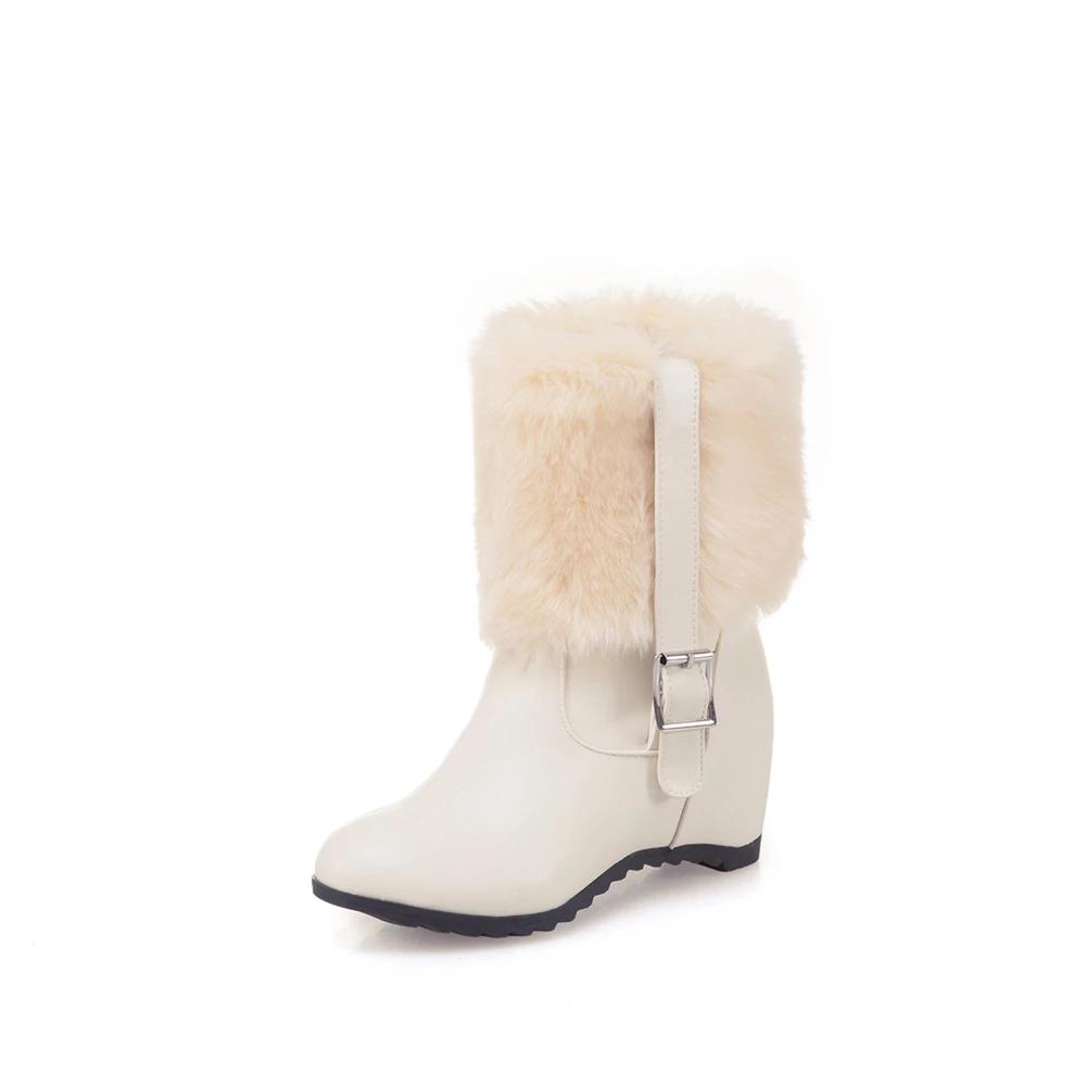 

Модные женские ботильоны на меху с увеличением роста, повседневные лаконичные ботинки с пряжкой, женская обувь на высоком каблуке, женские зимние ботильоны, белые, черные 35