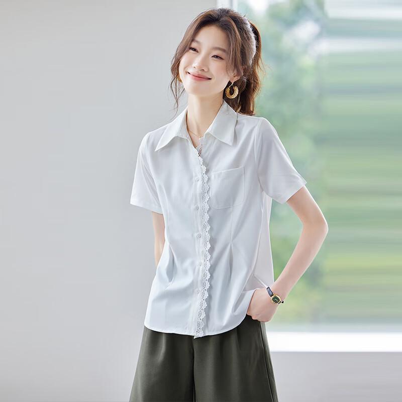Women's Lace Patchwork Short Sleeve Collared Blouse