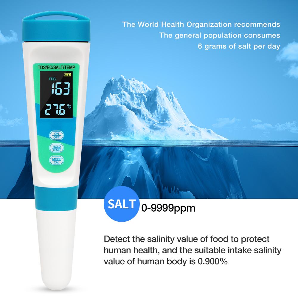 Automatic calibration Salinometer 4 in 1 TDS EC SALT Temp Meter for Drinking Water Aquarium Salinity Meter Water Quality Tester