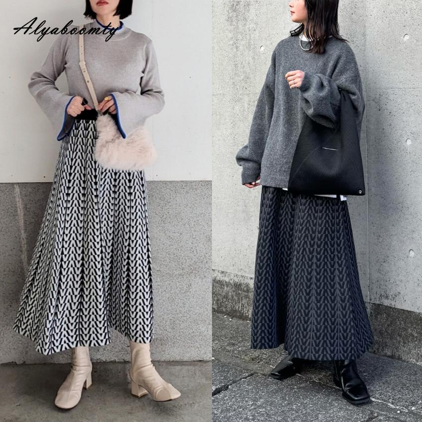 Elegant Fashion Autumn Winter Women Thick Warm Skirt High Waist Black White/Gray Knitting Skirt Knitted Midi Vintage Skirts Womens