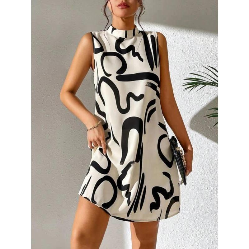 VEZFAA Women's Fashion Summer Spring Colour Block Print Sleeveless Half Turtleneck Loose Waistlinet Casual Dresses