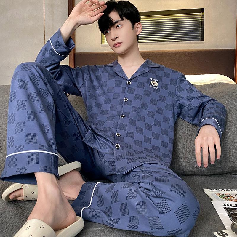 Cotton Men's Pajamas Spring and Autumn Long-Sleeved Nightwear New Cardigan Plaid Wind Homewear Sleepwear Loungewear