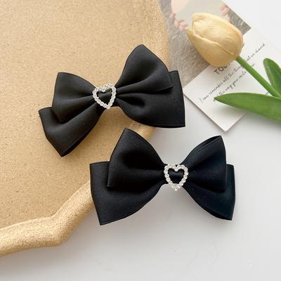 1 Pair Heart-shaped Rhinestone Satin Bow Hair Clips, Vintage Multi-color Sweet Hair Accessories, Daily Lolita Versatile Headwear