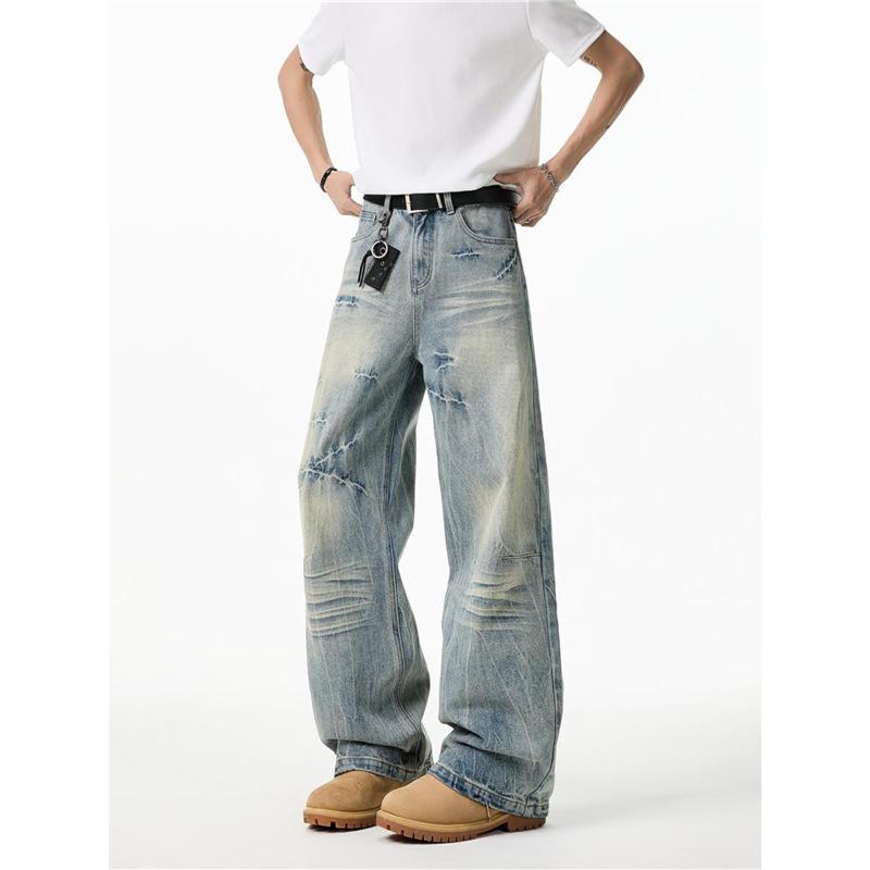 American high street washed cracked jeans men's and women's spring new retro old straight versatile casual pants