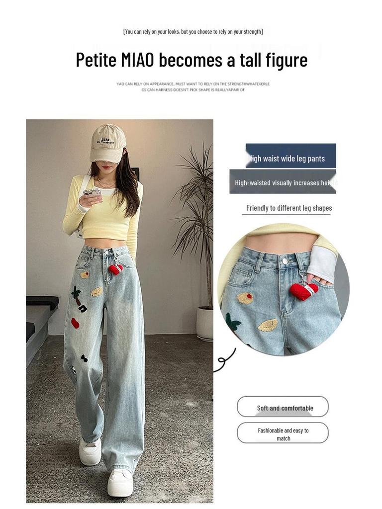 Women's Light Color Wide-Leg Jeans with Heavy Embroidery - Spring/Autumn Cartoon Style