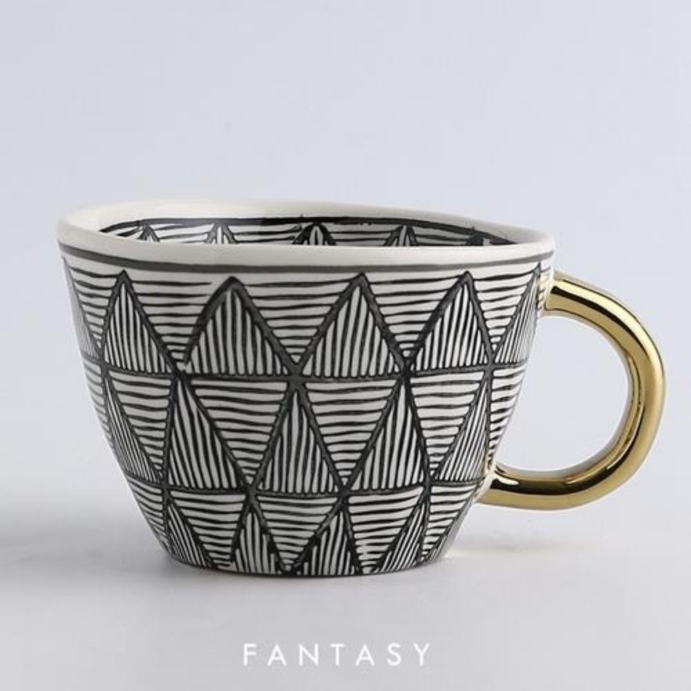 American Irregular Geometric Ceramic Coffee Cup with Gold Plated Handle Black and White Pattern Milk Tea Cup Home Accessories