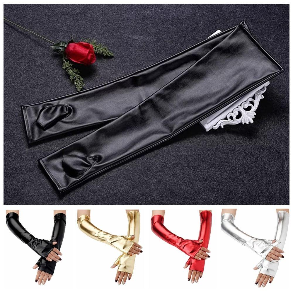 Fake Leather Metallic Gloves Gold Silver Long Gloves Sexy Leather Gloves  Evening Party