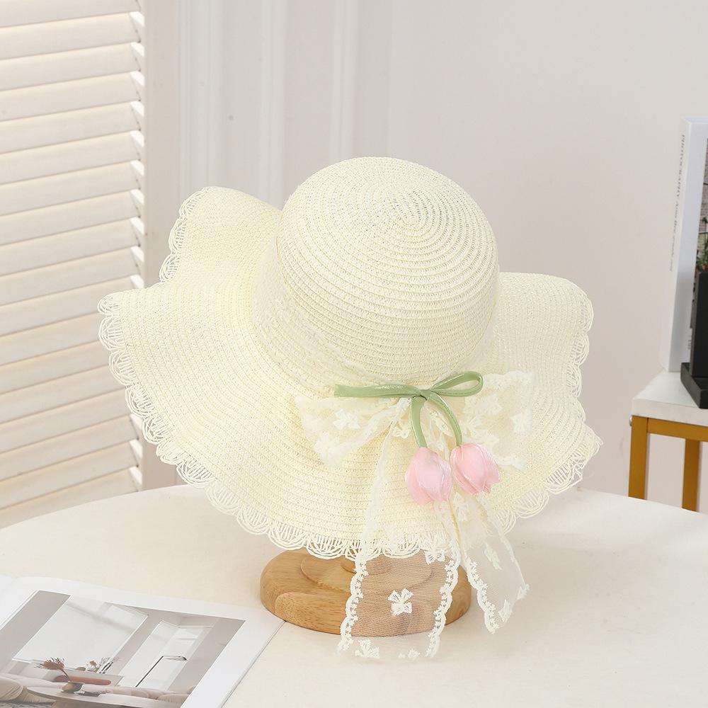 Summer Tulip Straw Hat, Seaside Vacation Bow Sunscreen Sun Hat, Large Brim Sun Hat Wholesale Spot