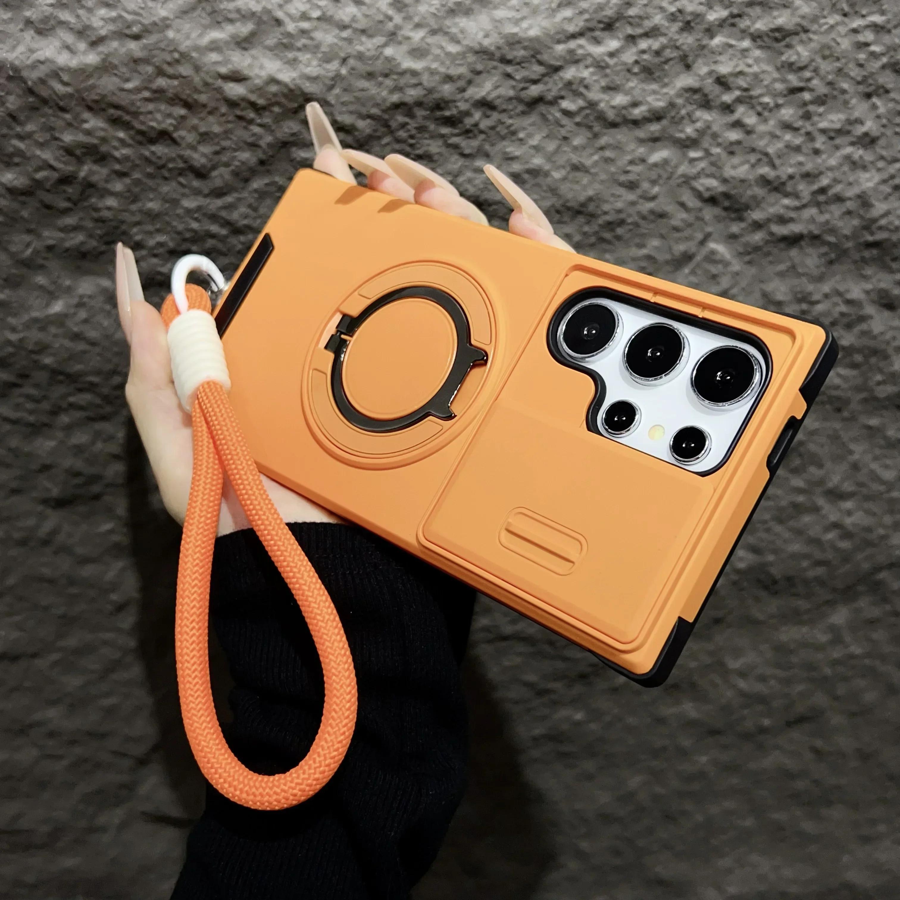 

Магнитный чехол-подставка Armor для Samsung Galaxy S24 S23 S22 S21 S25 Ultra Plus со шнурком, сдвижной защитой камеры, противоударный For Galaxy S25 Ultra&Case & Strap оранжевый