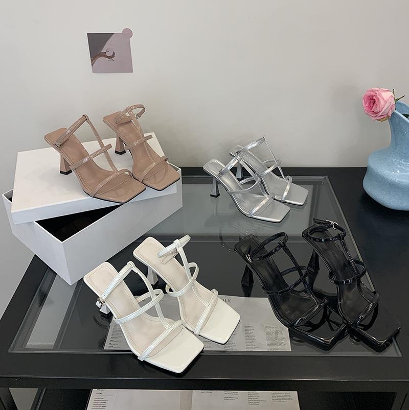 Sandals French Style Nude Color High Heels Women'S Square Toe Thin Heel Ankle Strapromanthin Belt Feel Slide Sandals