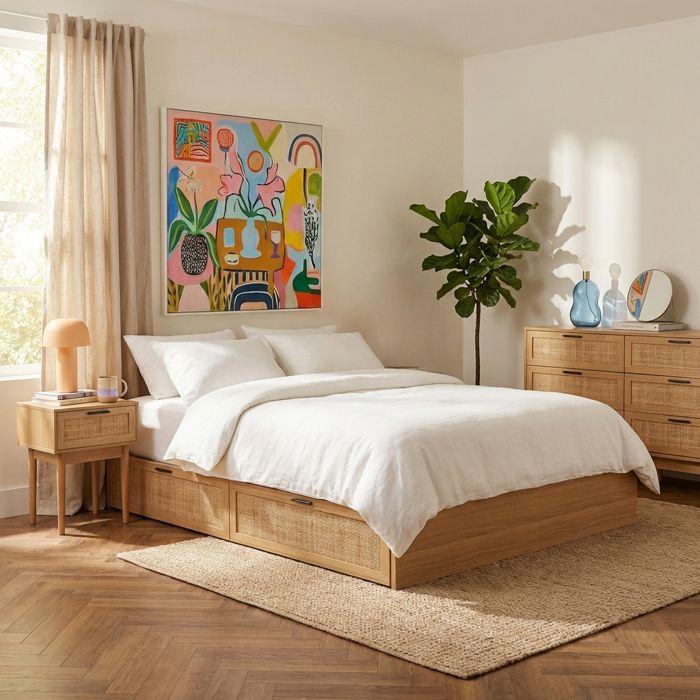 Commode AMANA effet chêne et cannage rotin 6 tiroirs - Bois