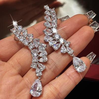 Teardrop Dangle Earrings for Women Sparkling Leaf Cluster Drop Earrings Bridal Wedding Party Jewelry
