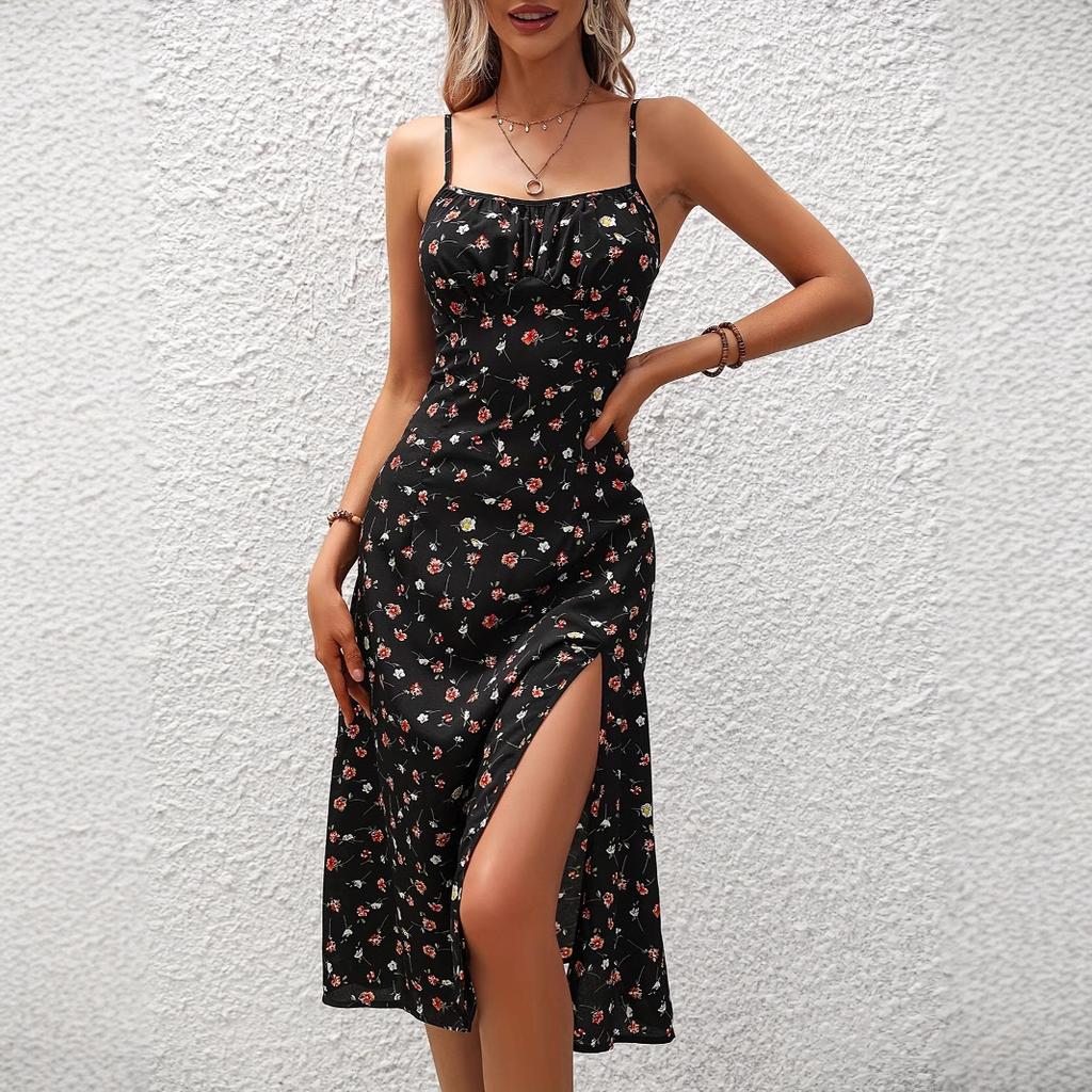 Women Casual Strap Beach Bohemian Holiday Style Dots Printed High Split One Piece Dress