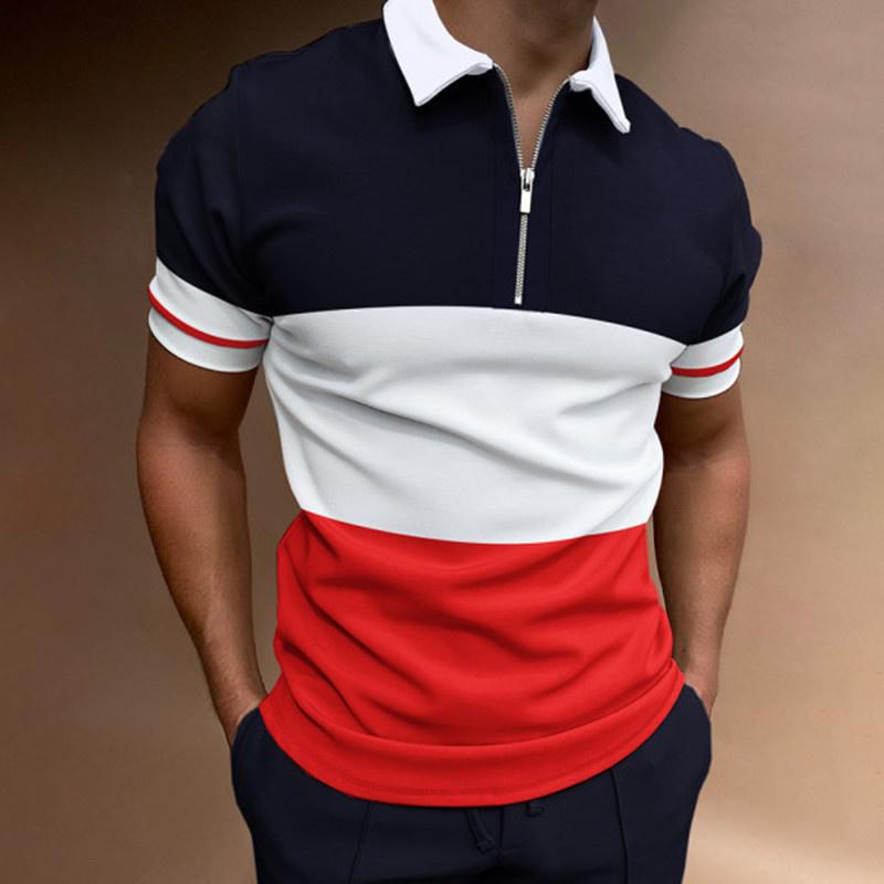 Summer Men's Casual Striped Houndstooth Digital Print T-Shirt Zipper Polo Shirt