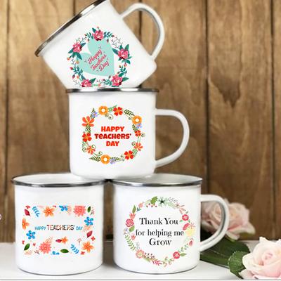 Happy Teachers Day Flower Print Coffee Cup Enamel Beer Juice Mug Handle Breakfast Milk Mugs Office Drinking Mug Gift for Teacher