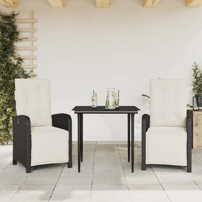 VidaXL Ensemble de Bistro avec Coussins 3 pcs, Chaises et Table de Patio, Meubles de Terrasse Arrière-cour Extérieur, Noir 3212514