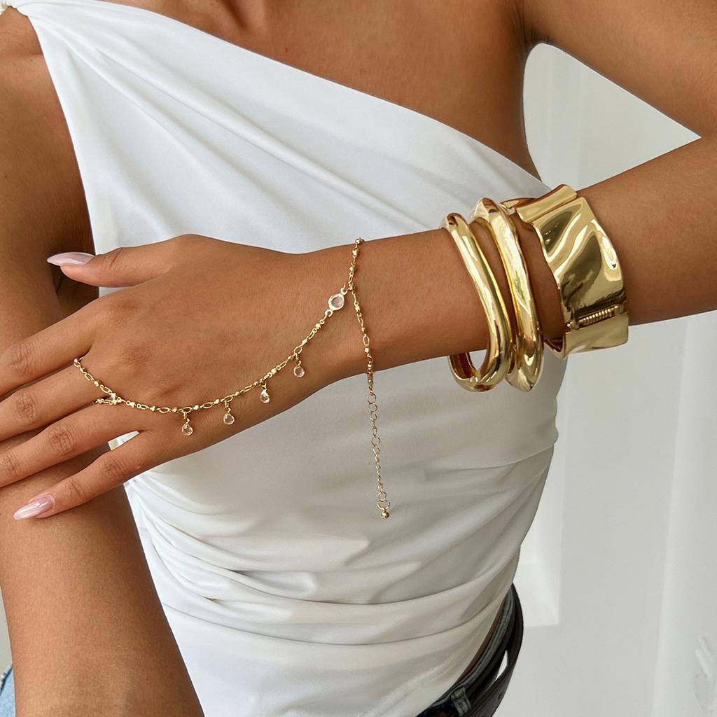 Fashion Texture Metal Pleated Glossy Bracelet Female, Simple Style Crystal Chain Finger Bracelet