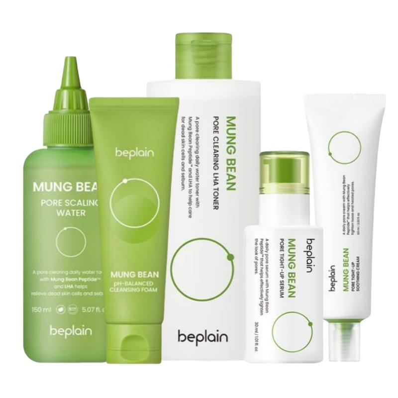 beplain Mung Bean LHA Pore Care Skincare Set (Scaling Water 150ml + Mung Bean Cleansing Foam 80ml + LHA Toner 265ml + Serum 30ml + Cream 60ml)