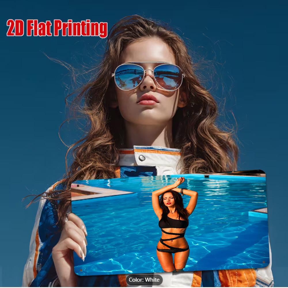 HD Metal Tin Sign Woman with Blonde Hair in Oversized Sunglasses and Red Lipstick Posing Against Warm Retro Background Fashion A