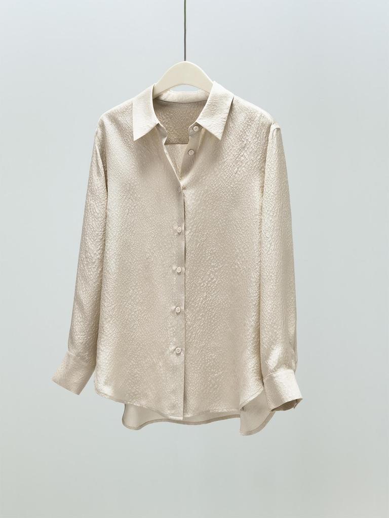 Elegant Women's Jacquard Silk Blouse - Long Sleeve Solid Mulberry Silk Top for Spring 2026