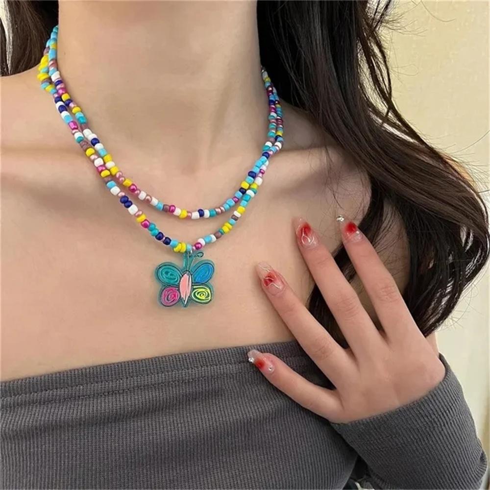 Boho Colorful Love Heart Beaded Necklace For Women Fashion Dopamine Girls Resin Clavicle Chain Choker Jewelry Y2K Accessories