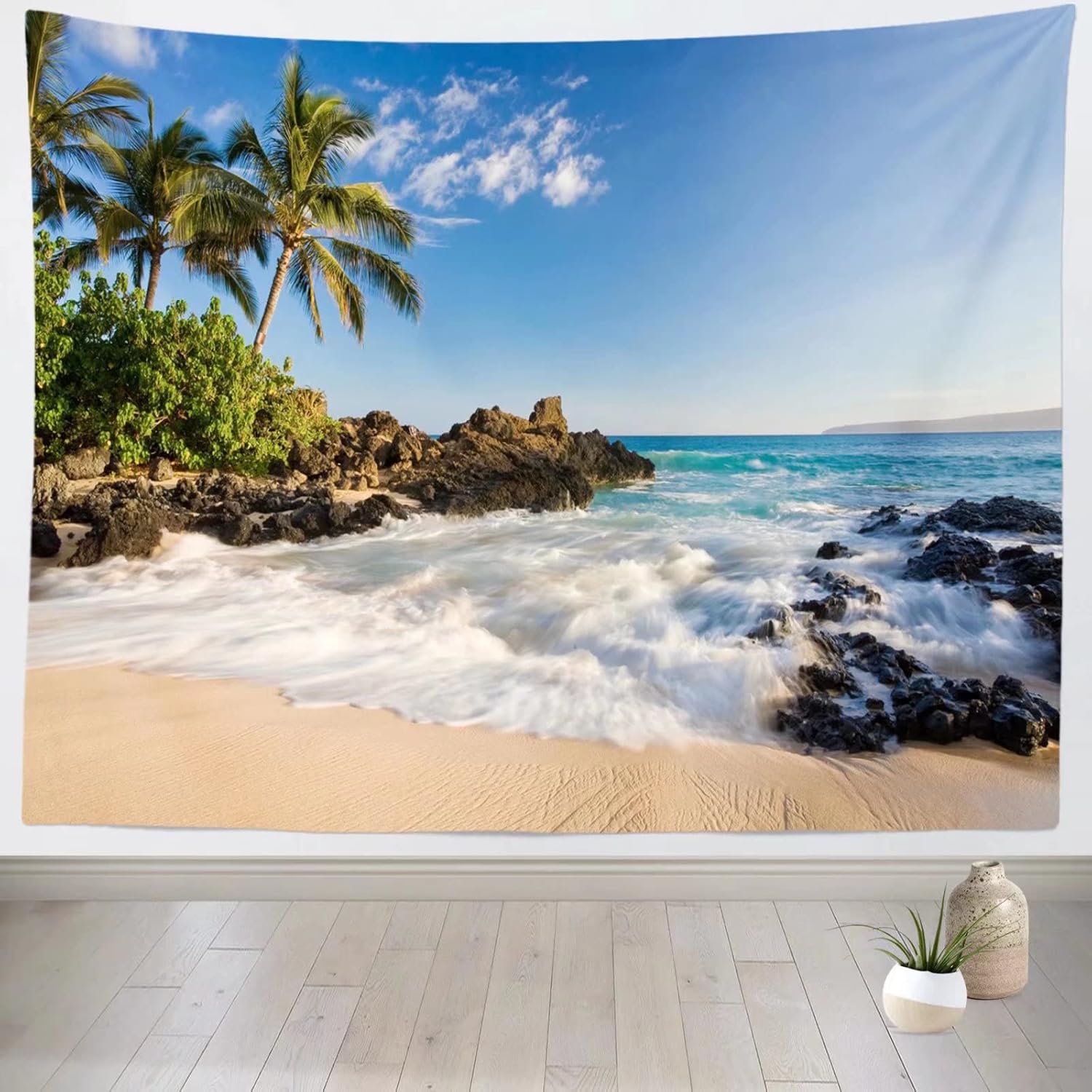 Beach Tapestry Beach Coast Wave Palm Tree Tapestry Wall Hanging Hawaiian Wall Art Decorative Living Room Bedroom Decorations 100X70CM