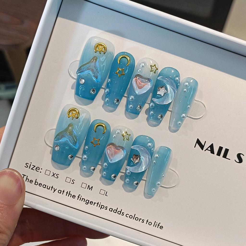 10 Pcs Handmade Long French Cat Eye Rhinestone Press On Nails Full Cover Ballet Fake Nail Tips Manicure Art