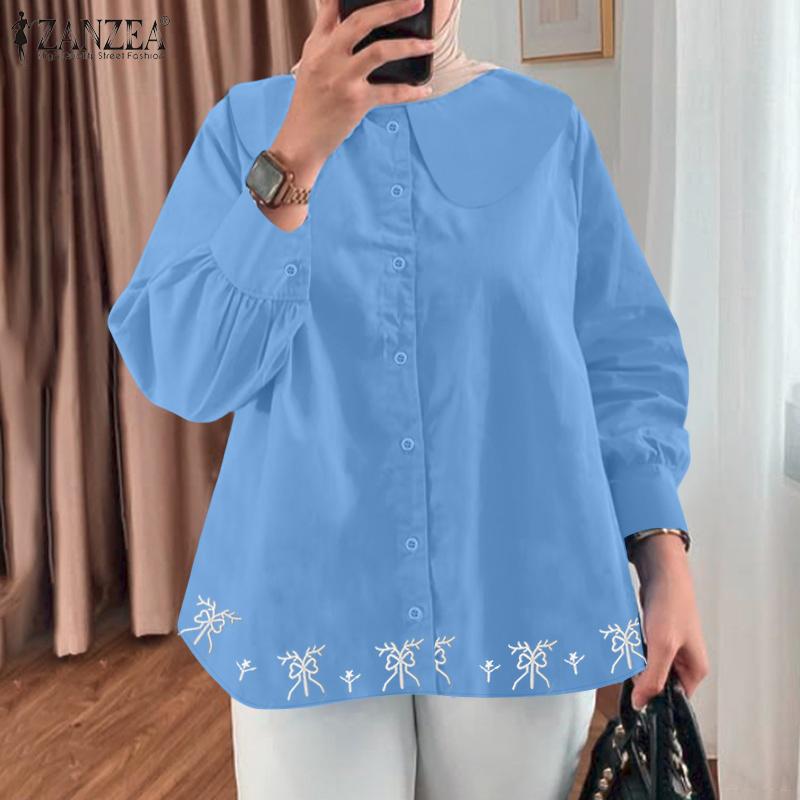ZANZEA Women Casual Doll Collar Loose Long Sleeve Print Blouse