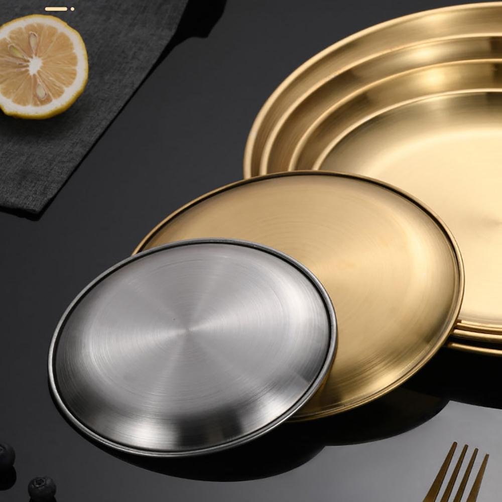 8PC Metal Dining Dish Stainless Steel Round Plate Shallow Tray 14/17/20/23/26cm BBQ Picnic Camping Food Container Tableware Set