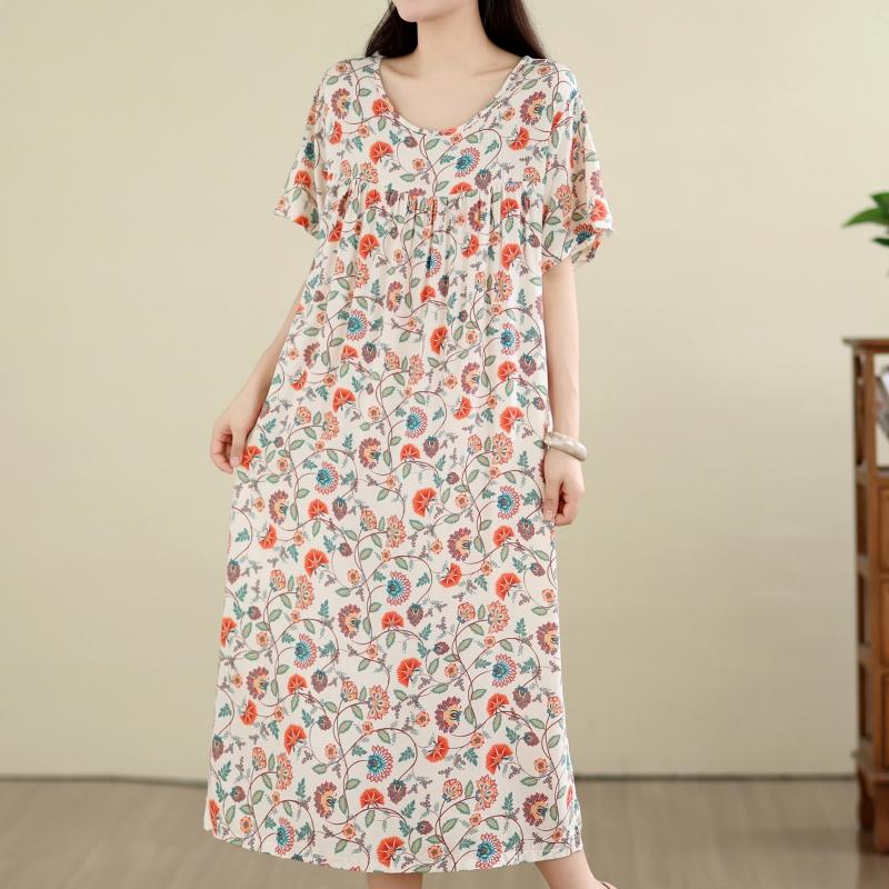DIMANAF New 2026 Summer Beach Women Plus Size Lady Long Dress Loose Oversize Cotton Vintage Floral Print