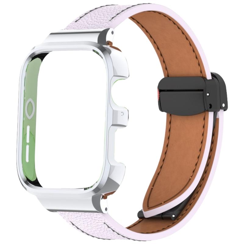 Leather Watch Band Replacement Band Lychee Texture Strap for Fit 3 Wristband Sweatproof Bracelet with Metal Frame