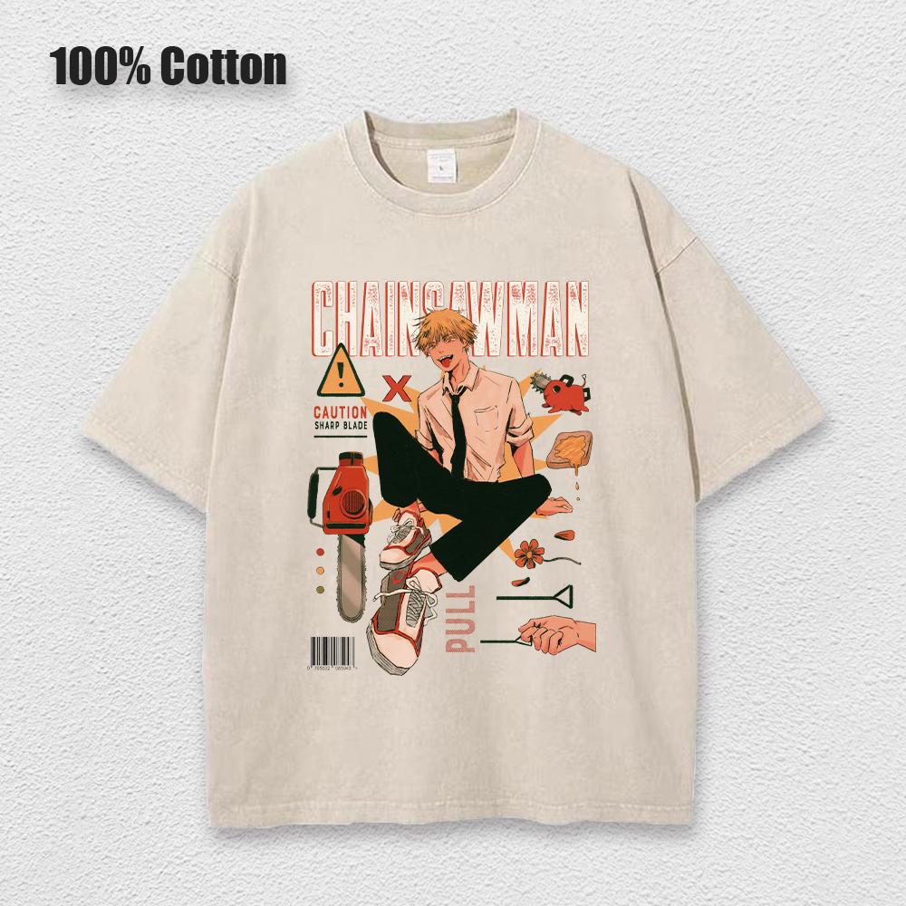 Anime Chainsaw Man Acidové tričko Retro Vintage Prané Tištěné Grafické Tričko Pánské Bavlněné Ležérní Tričko s Krátkým Rukávem Topy