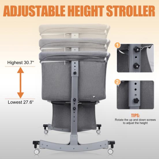 Baby Bedside Crib, Bassinet with Large Curvature Cradle, Height Adjustable Bedside Bassinet, Movable Beside Bassinet with Mosquito Net (Grey)