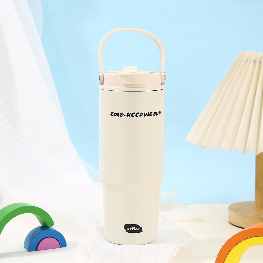 Large Capacity Bingba Thermos Cup with Handle Convenient Car Cup Stainless Steel Tea Separation Double Drinking Straw Cup