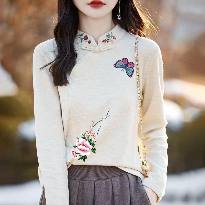 Autumn and Winter Women's Double-sided Fleece Undershirt Embroidered Loose Long Sleeve T-shirt