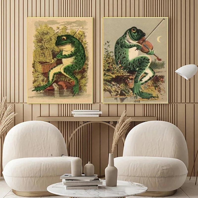 Vintage Animals Posters Banjo Frog Cartoon Canvas Painting and Prints Funny Nursery Wall Art Picture for Living Room Home Decor