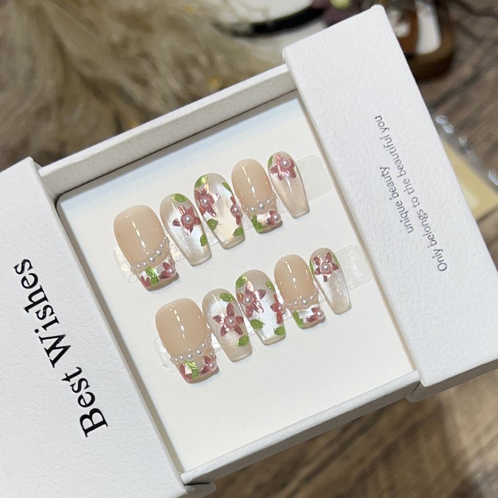 Advanced Sense of Wearable Armor Handmade Nude Color French Cat Eye Hand-painted Purple Magic Mirror Pearl Fake Nail Removable Nails